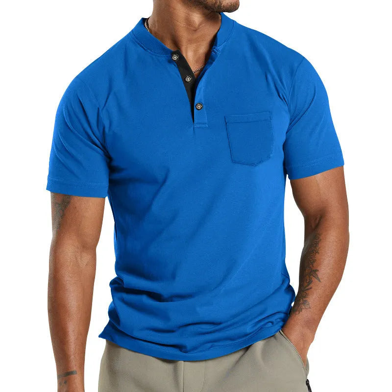 Plus size man wearing a light khaki short sleeve polyester shirt with a button chest pocket.