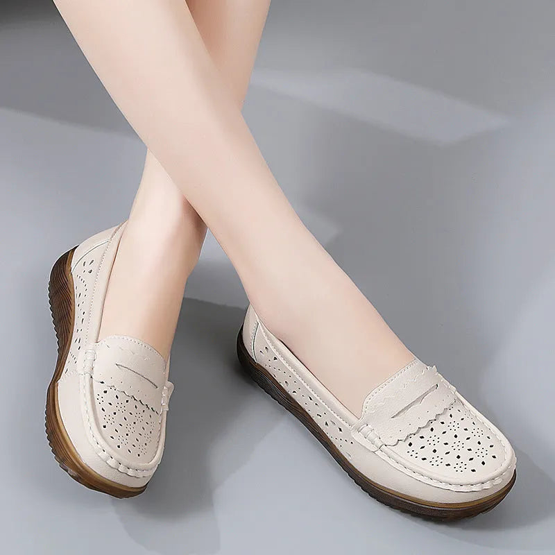 Women's flat shoes with breathable cutout upper, two-layer cowhide, and low heel in beige colour