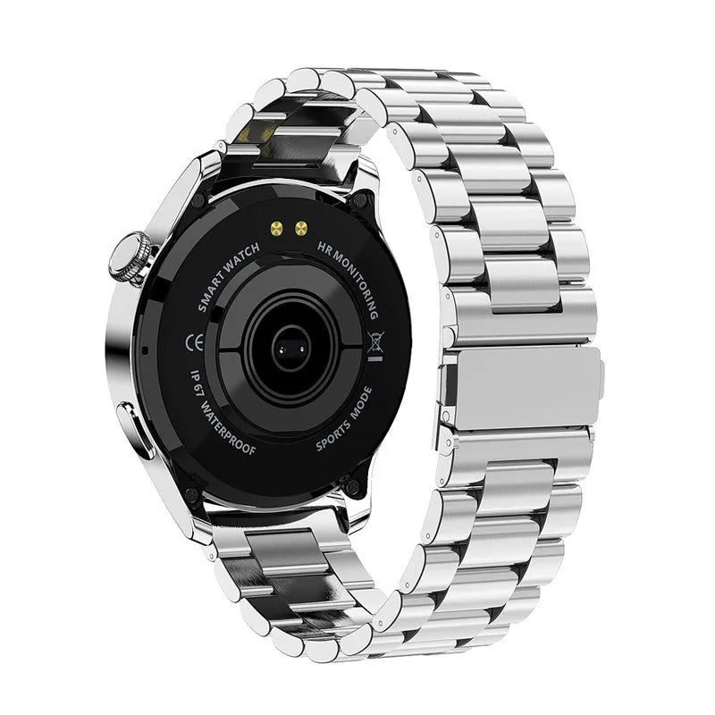 Smart watch with round colour display on a black silicone strap, showing heart rate data on screen.