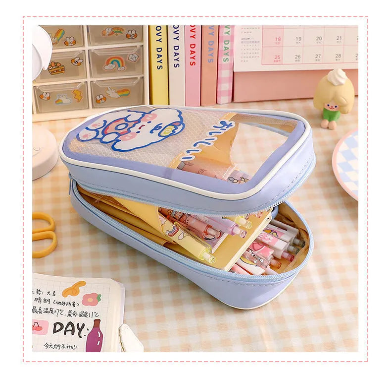 Transparent PVC student pencil case with cartoon design in candy bear, pink rabbit, blue dog, or purple dog colours
