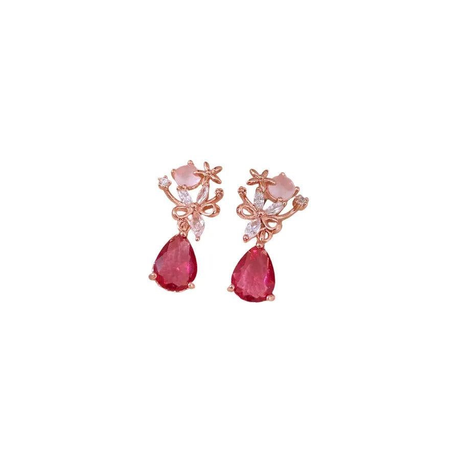 French style light luxury silver needle zircon flower drop earrings in rose gold on copper base