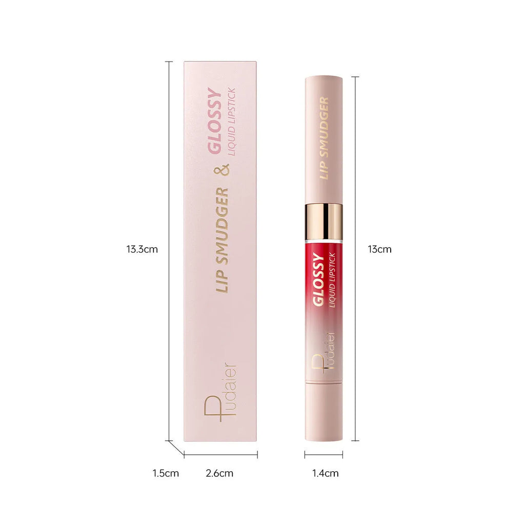 Double-headed matte lipstick and lip gloss cosmetic stick in one of ten available colours.