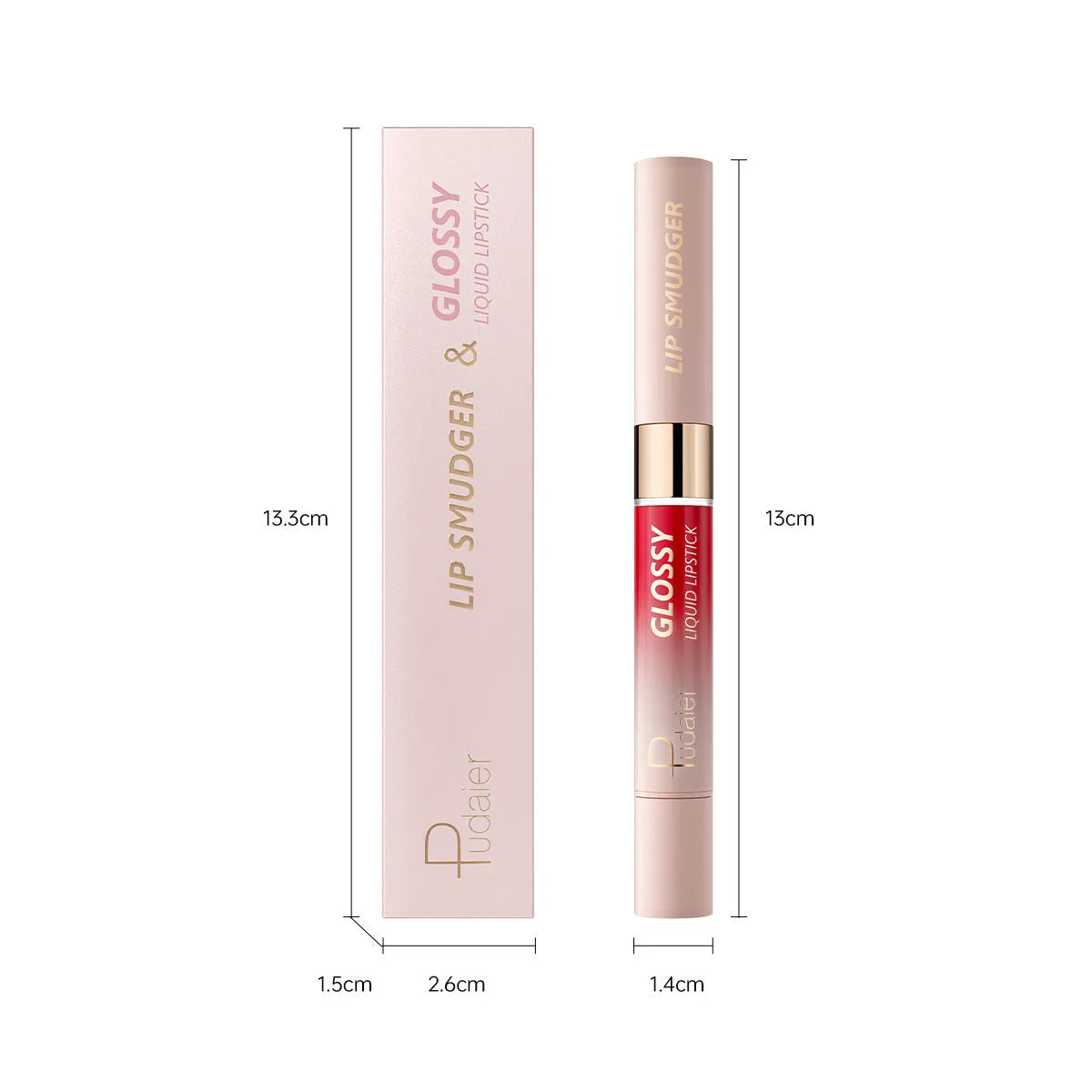 Double-headed matte lipstick and lip gloss cosmetic stick in one of ten available colours.