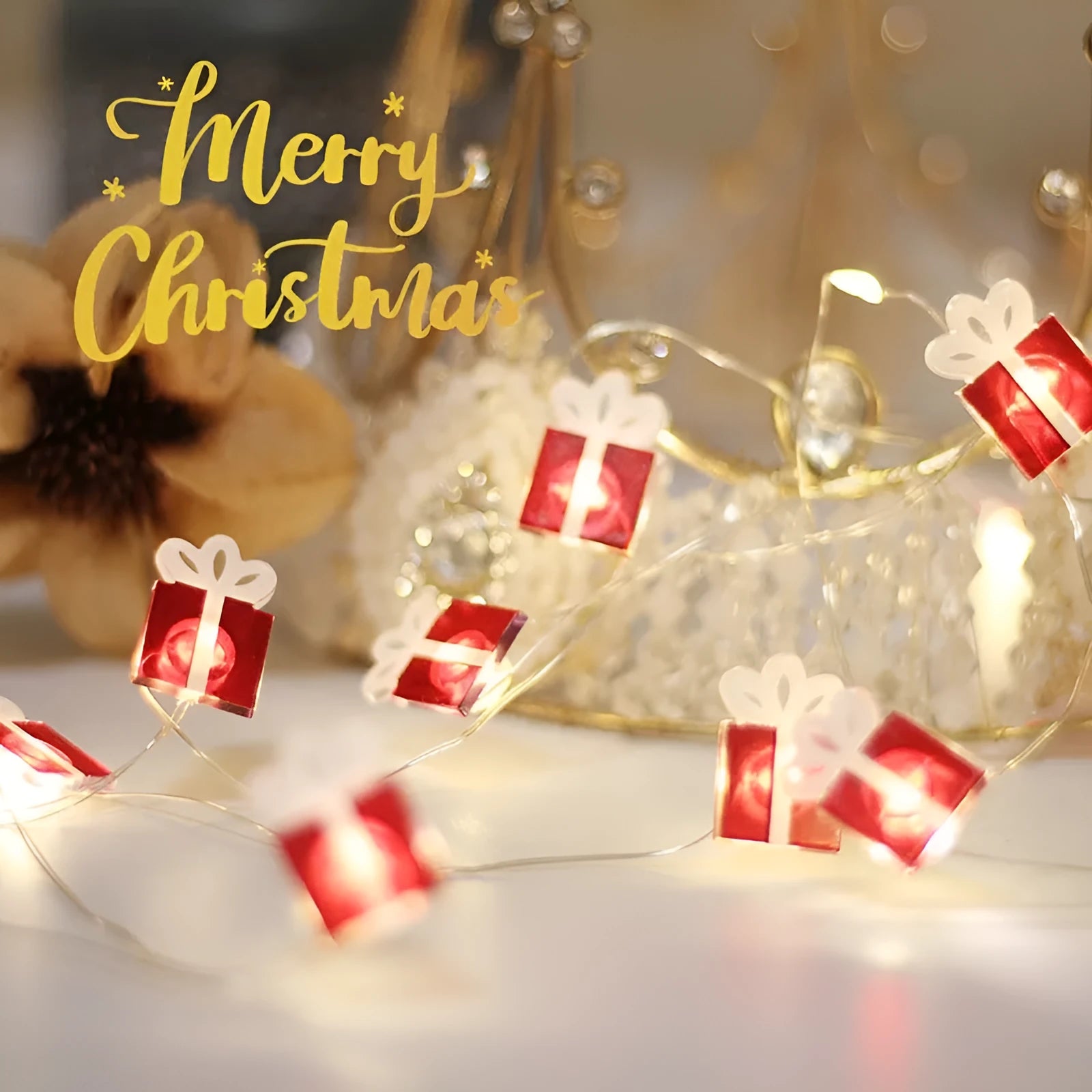 LED copper wire Christmas decoration lamp with 20 warm white lights in gift bell tree maple leaf elk crutch shapes on 2m string