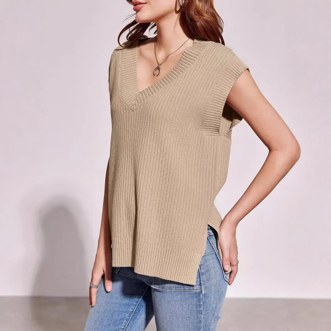 V-neck sleeveless loose pullover vest in camel viscose fibre with stripe pattern