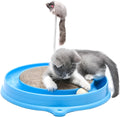 Round blue cat scratcher with ball track and corrugated cardboard surface