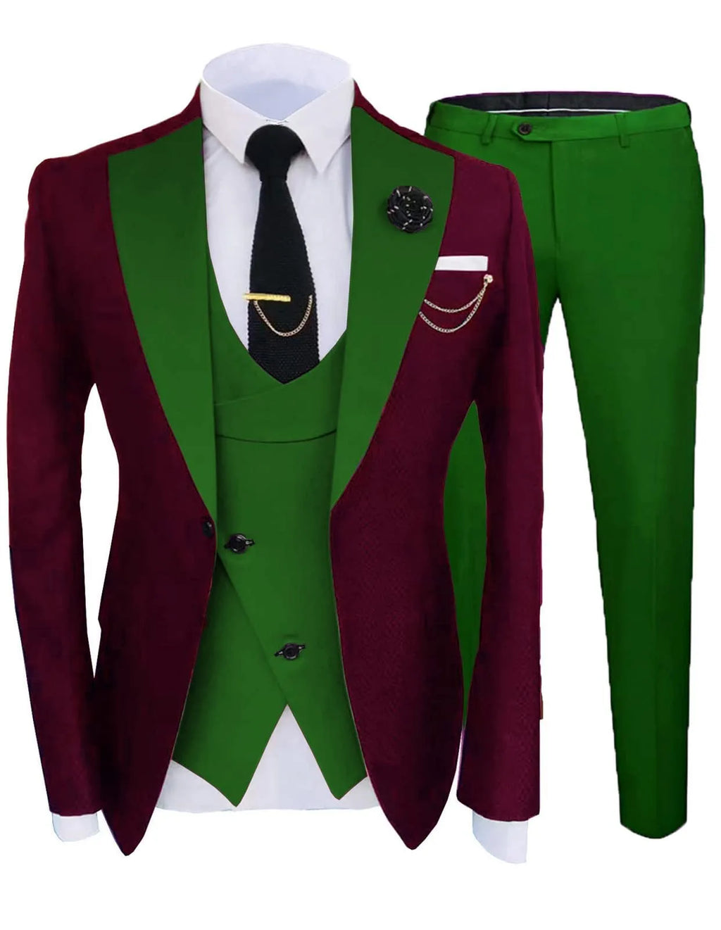 Men's slim fit cotton three-piece wedding suit in dark navy with coat, pants, and vest