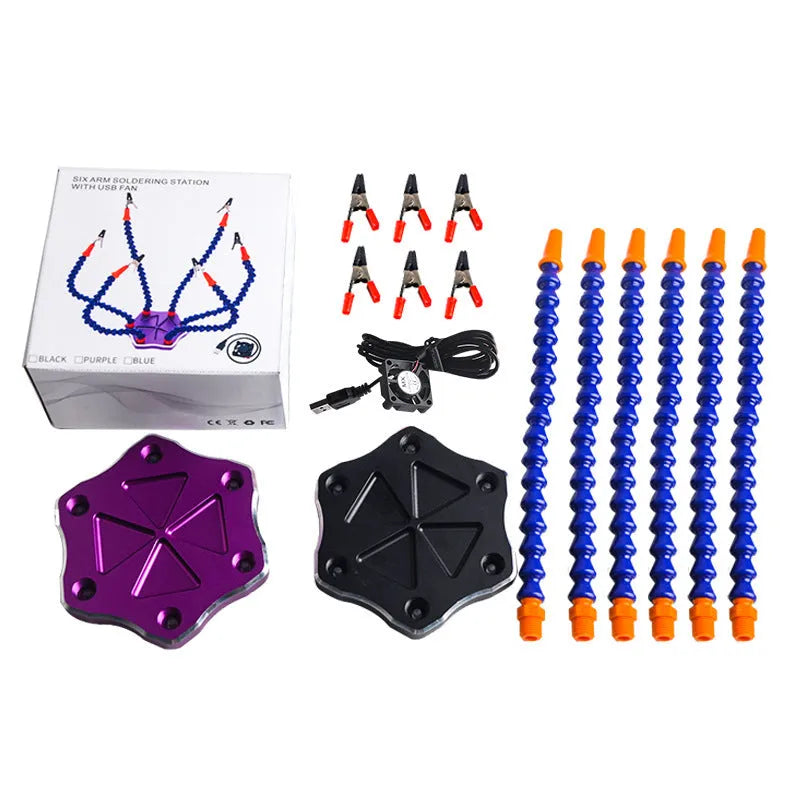 Black and purple six-claw aluminium alloy welding station with multiple adjustable arms for model soldering.