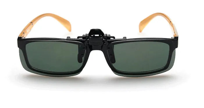 Myopia sunglasses clip in PC material for driving, shown in dark green, grey, and night vision lens options.