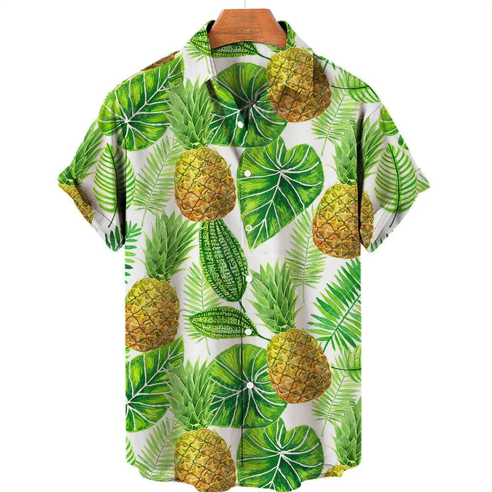 Men's casual fruit print Hawaiian shirt in apricot with short sleeves and lapel collar
