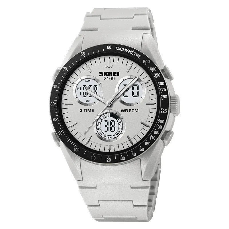 Electronic digital watch with a camouflage TPU strap and resin mirror, showing time on display.