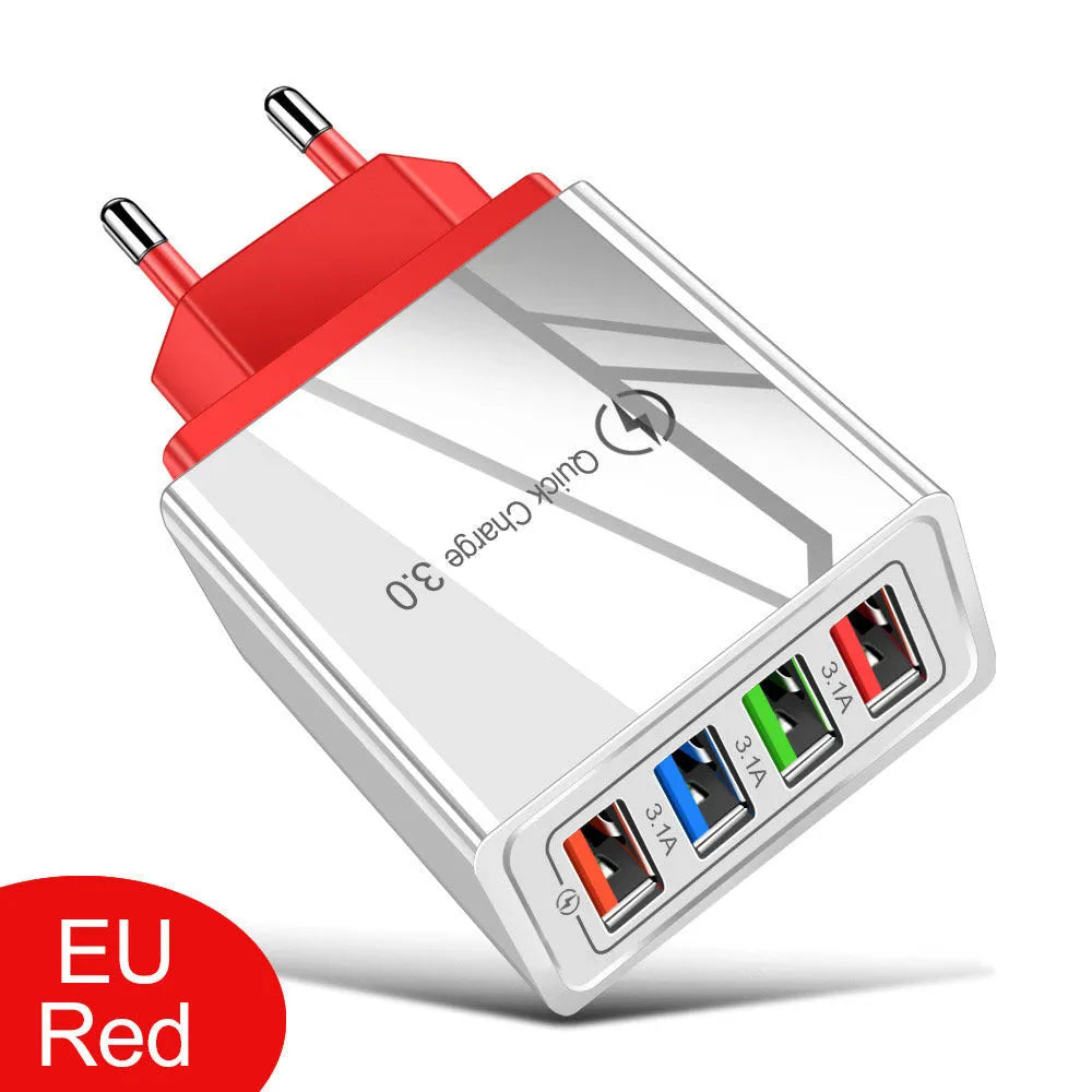 Multi-port USB charging head with four ports, PC+ABS housing in black, white, and blue options
