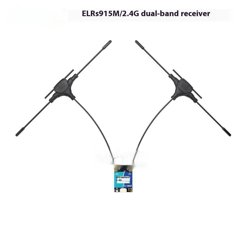 FPV ELRS dual-frequency 915MHz 2.4GHz receiver on metal base with two T-shaped antennas and wiring.