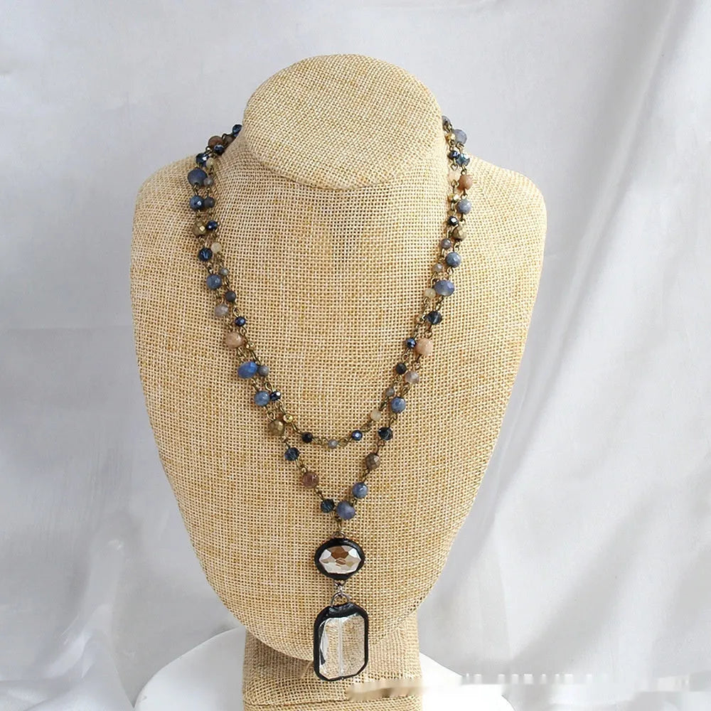 Two-layer tribal necklace with glass pendant and natural stones on adjustable 31-40cm chain