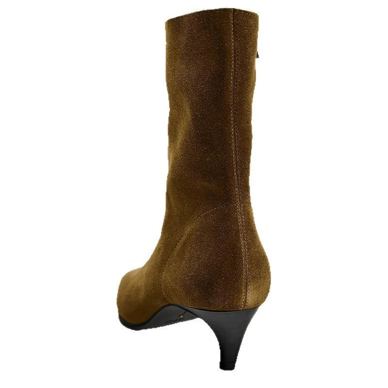 Brown square toe mid-calf boots with a side zipper and pointed stiletto kitten heel on a white background.