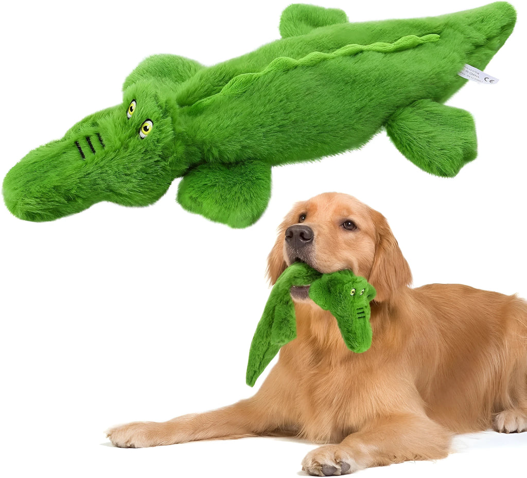 Green crocodile-shaped plush dog toy with no stuffing, for aggressive chewers