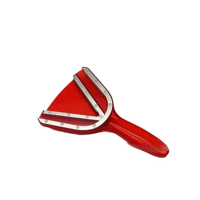 Red adjustable telescopic can opener and bottle opener made of ABS plastic on a plain background.