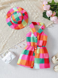 Girls' woven halter backless plaid princess dress in orange red with matching hat on child aged 4–7 years
