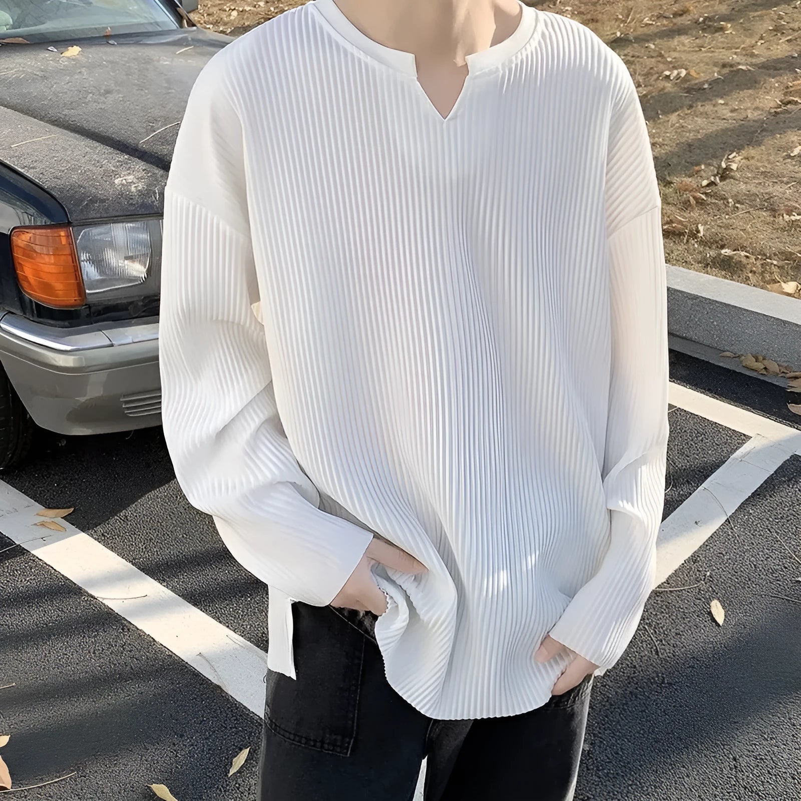 Women's plus size striped loose fit pullover top in black, grey, or white