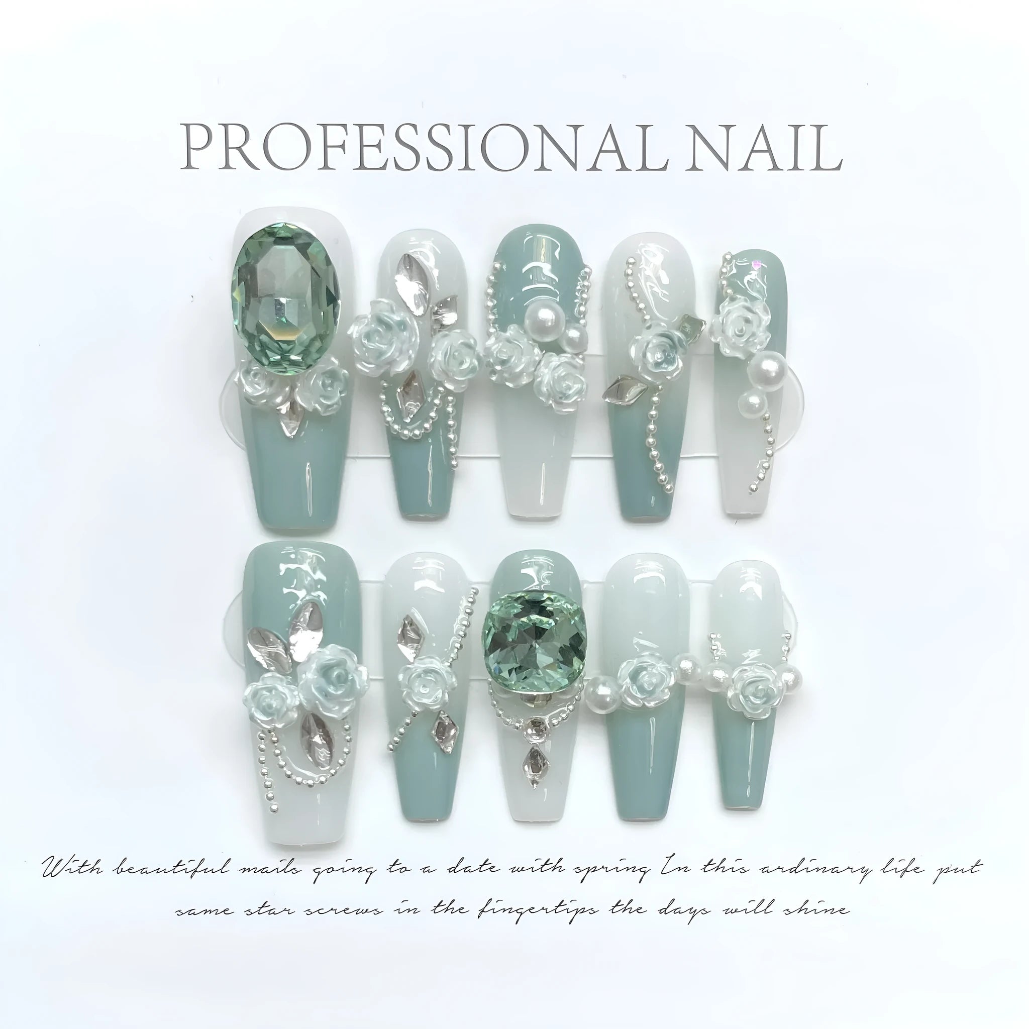 Women's gradient camellia chain nail armour set with bow and butterfly decorations in armour green colour