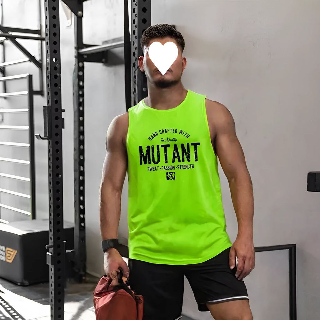 Loose grey polyester fitness vest sleeveless shirt on a hanger, showing its waistcoat design.