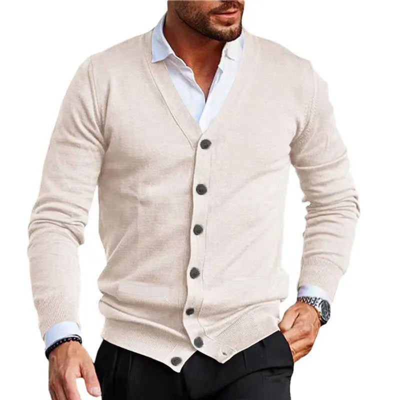 Men's slim fit acrylic cardigan sweater coat in dark grey, shown open over a t-shirt.