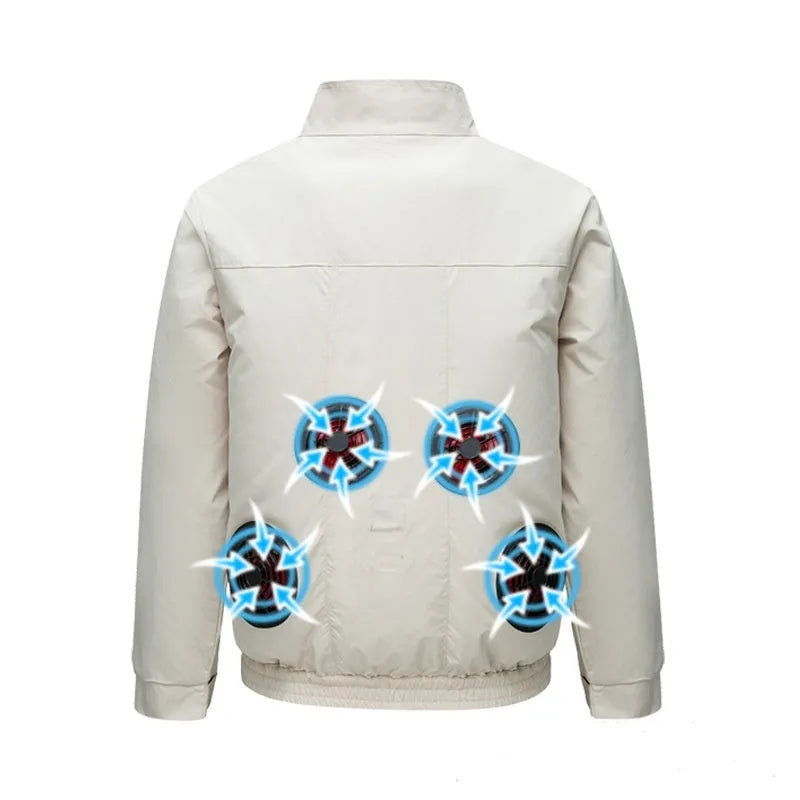 Men's summer work jacket with integrated fan cooling system and ventilation holes