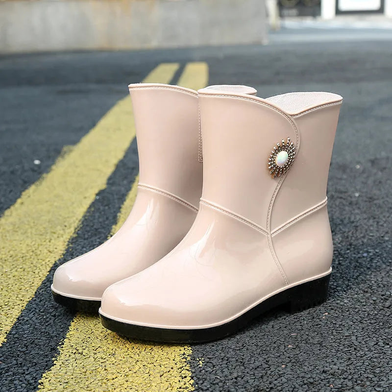 Women's mid-calf rain boot in beige with a non-slip sole and thickened lining.