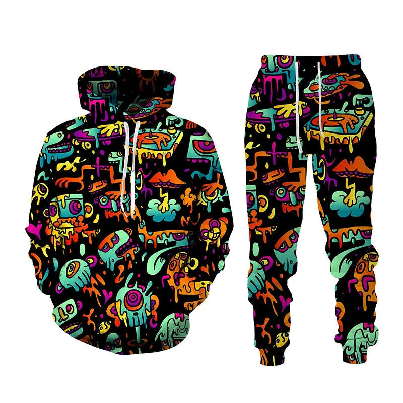 3D printed sports hoodie set for men with loose fit top and long pants in black