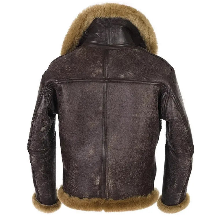 Brown synthetic leather fur coat for men with straight hem and side seam pockets