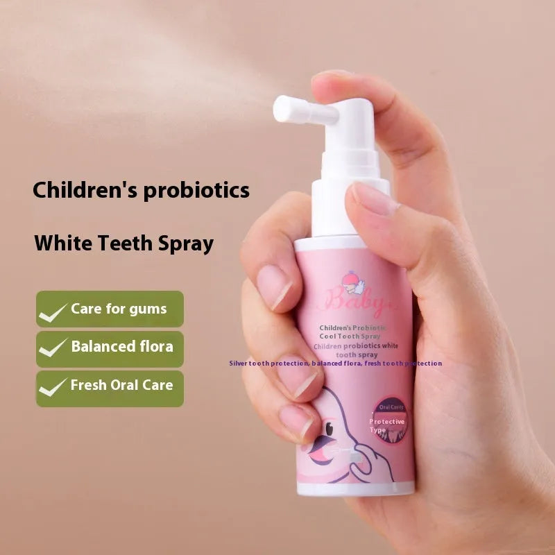 Children's probiotic teeth cleaning spray in 40ml bottle with strawberry and orange flavour options