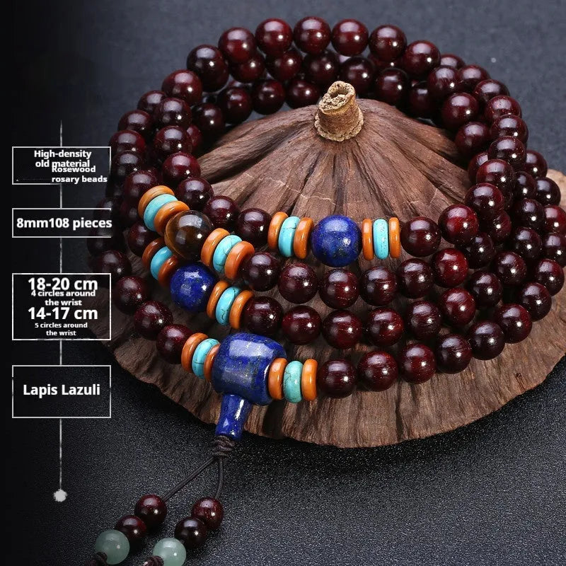 Men's rosewood bracelet with 108 beads, showing 6mm and 8mm size options alongside styles like lapis lazuli and turquoise.