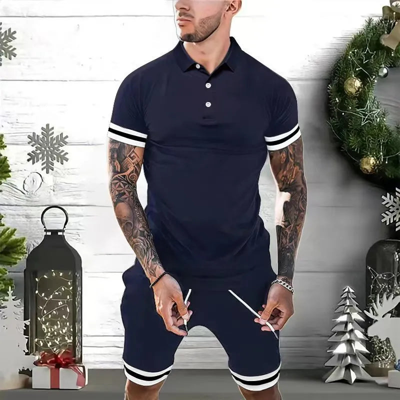 Men's polyester casual short set with polo shirt and shorts in navy blue, shown flat on a white background