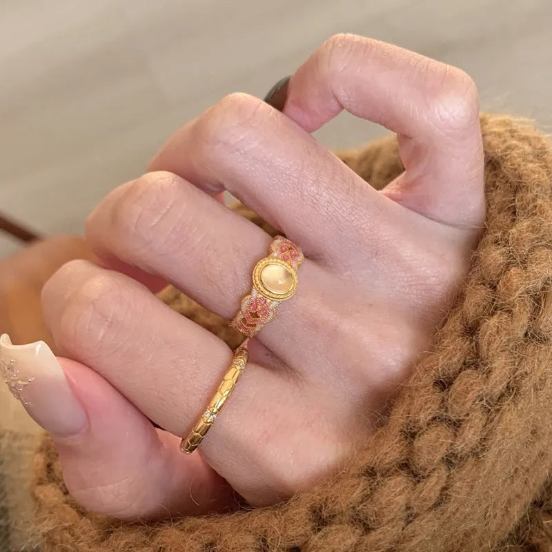 Pink crystal enamel ring with geometric shape and adjustable open mouth design for women