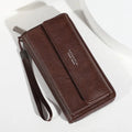 Men's black PU leather long wallet open showing multiple card slots and a zipped coin pocket.