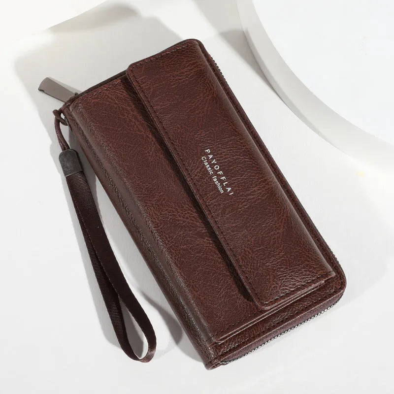 Men's black PU leather long wallet open showing multiple card slots and a zipped coin pocket.