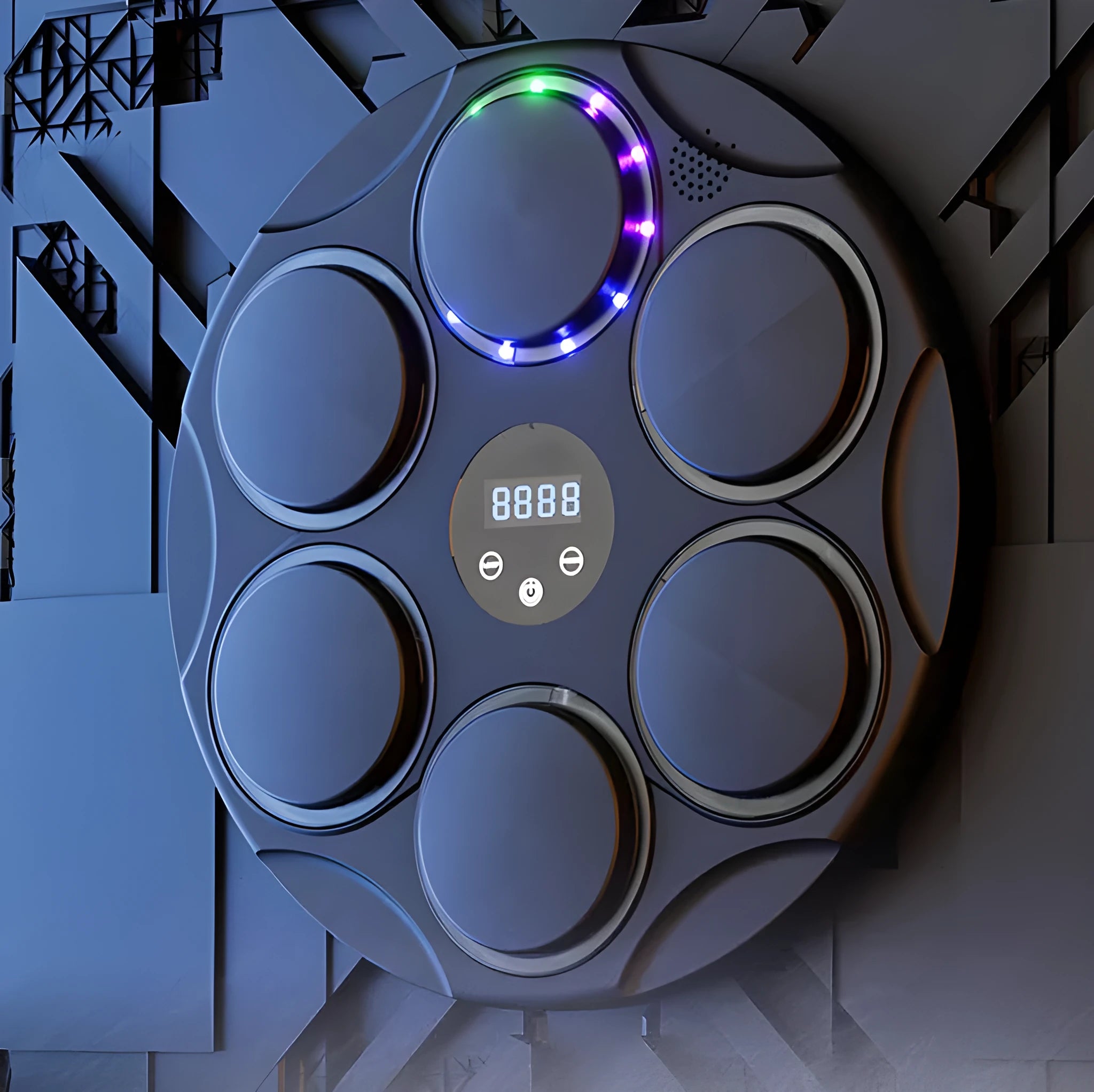Black Bluetooth boxing target with coloured LED lights hanging on wall for fitness training