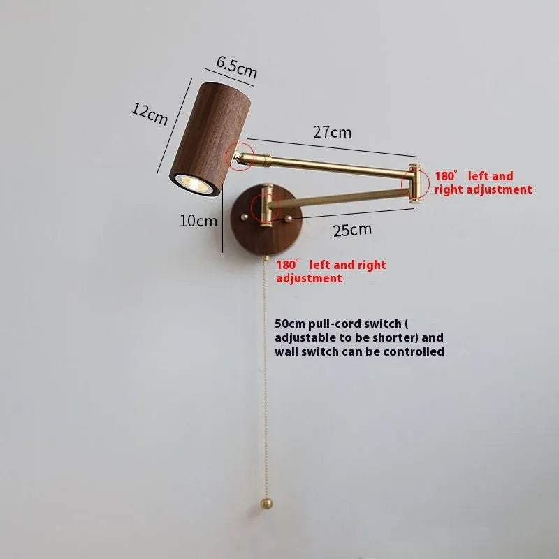 Retro-style wall lamp with a long, rotating arm and classic lamp head, shown in a wood finish with a visible wall switch.