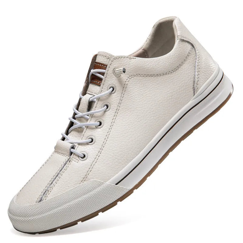 Men's white matte leather casual shoes with round toe and flat sole.