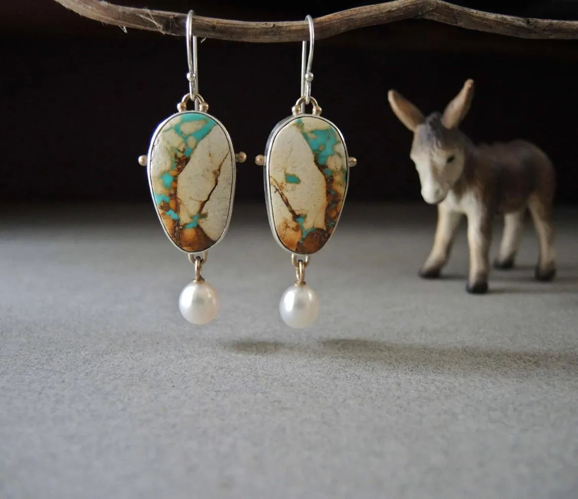 Vintage turquoise and pearl drop pendant earrings, alloy, electroplated, 45mm by 13mm colourful drop shape