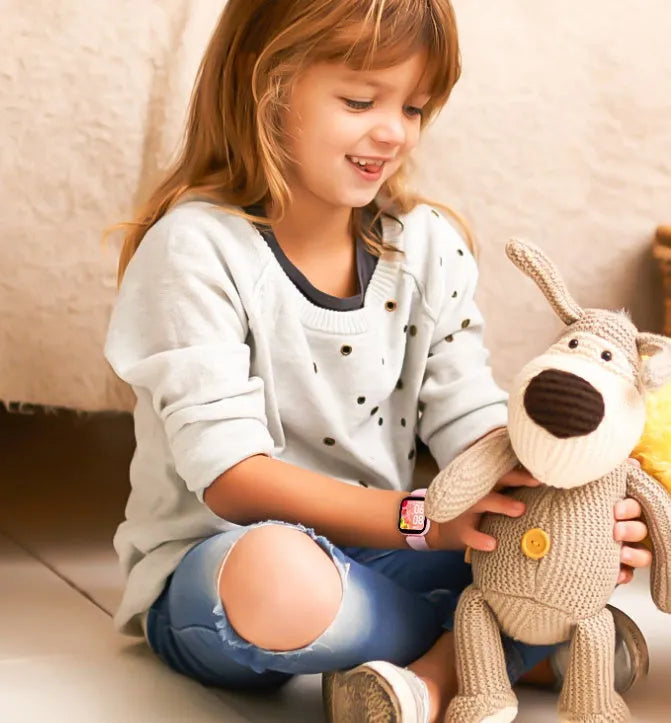 Blue H39T children's smartwatch with a black sports strap on a wrist, showing its 1.4-inch touchscreen.