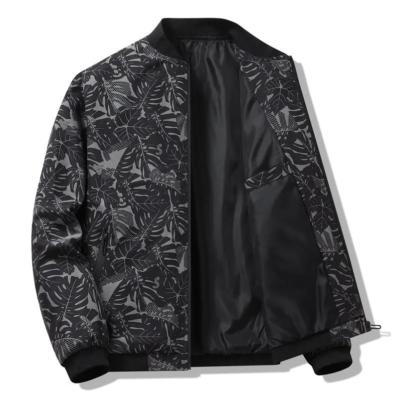 Men's autumn fashion casual jacket with floral pattern in gray, available in sizes M to 4XL, made from polyester
