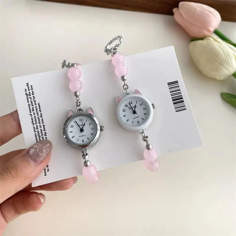 Women's chain watch with cat ear frame in silver, 8mm thickness, casual style