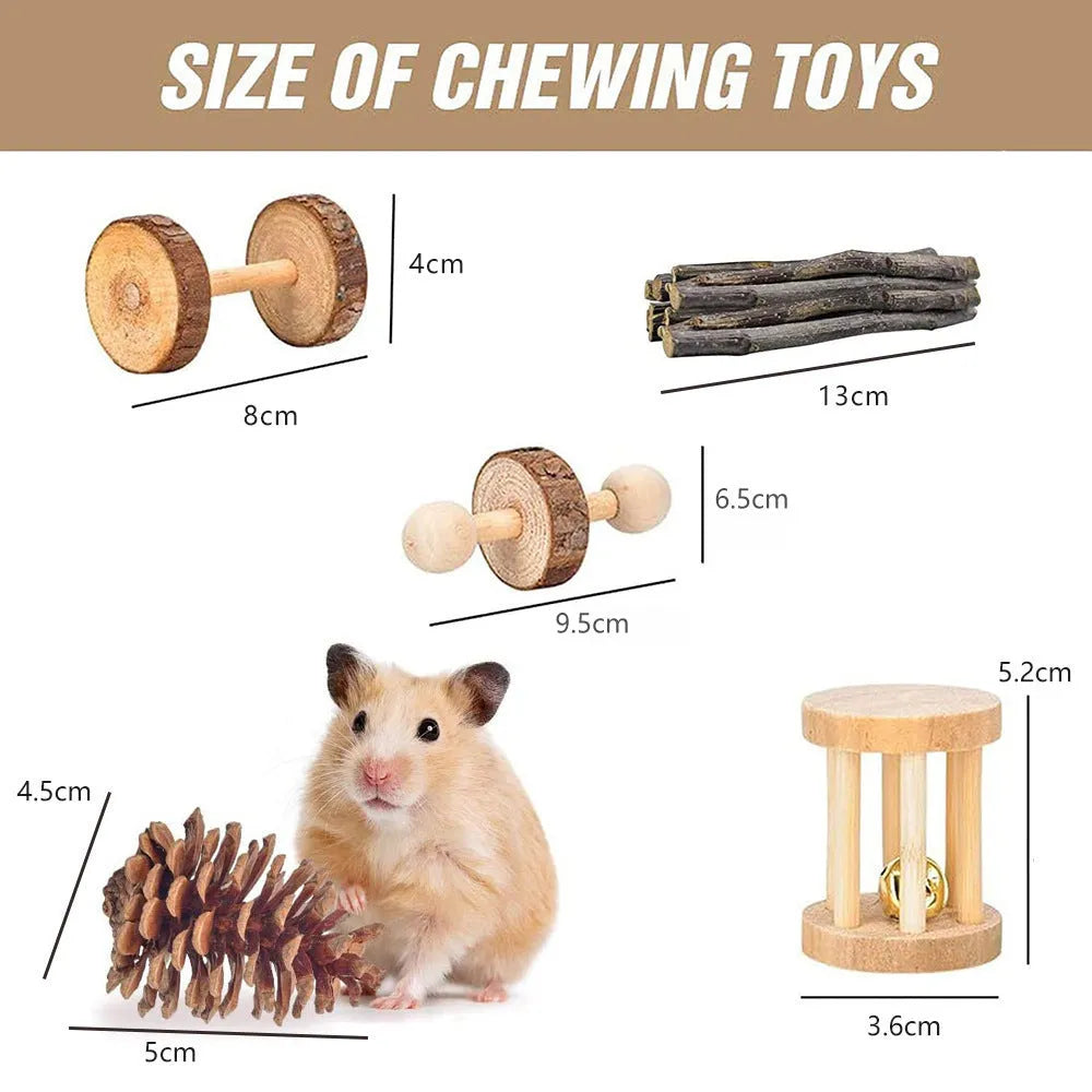 Wooden pet toy set with molar stick, straw mattress and woven balls for rabbits, guinea pigs and parrots