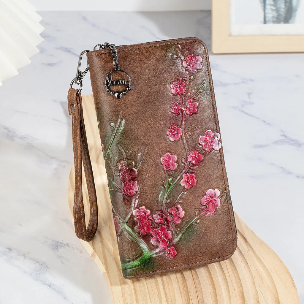 Embossed floral pattern Chinese style zipper handbag in polyurethane with three colour options