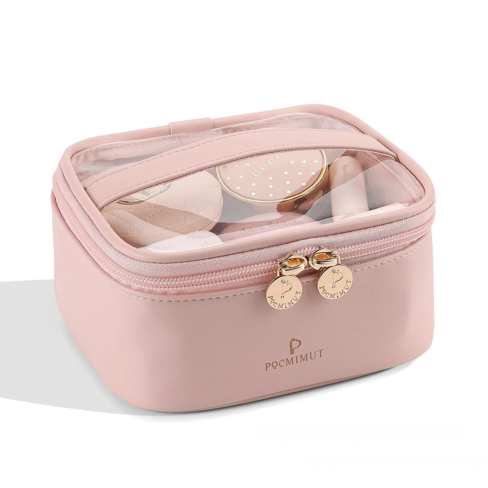 Clear PVC cosmetic bag with waterproof lining shown in a beige colour option.