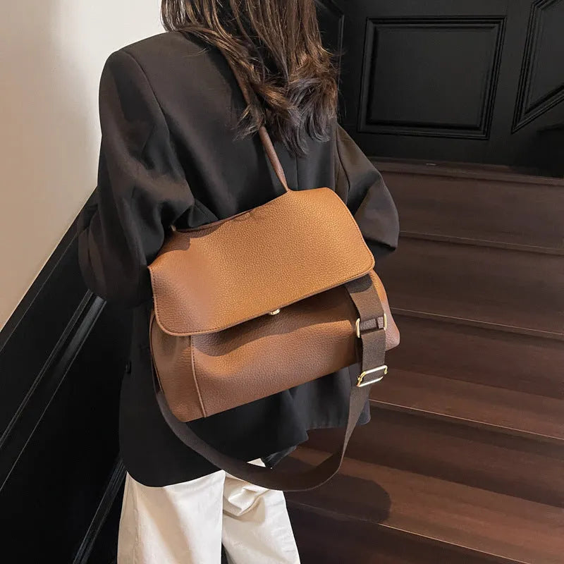Horizontal square PU leather tote bag with double shoulder straps in neutral colour