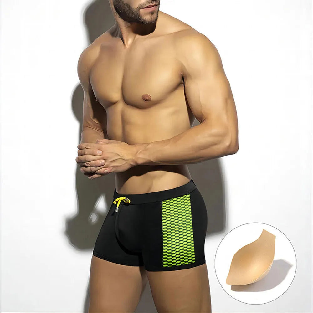 Men's polka dot print quick-dry swimming boxers in three colour options with nylon fabric