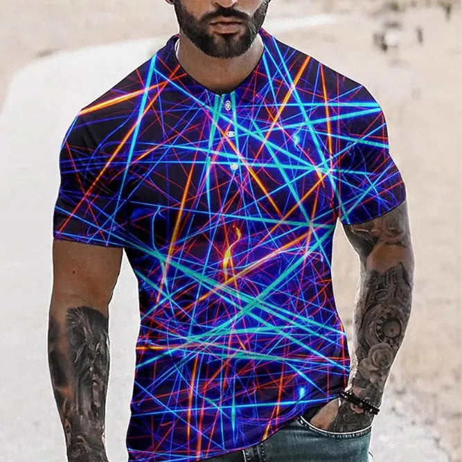 Men's simple lapel button short sleeve sport shirt in polyester fabric on a model.