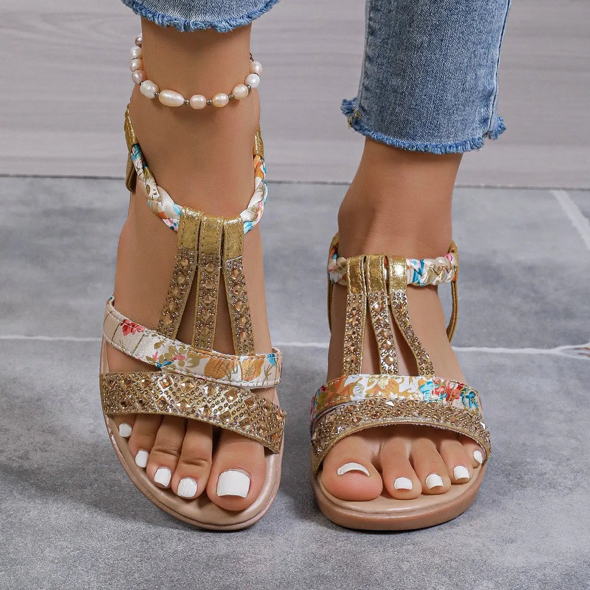 Bohemian wedge peep toe sandals women's slip-on low top PU sole non-slip wedge heel fish mouth toe gold colour size 37